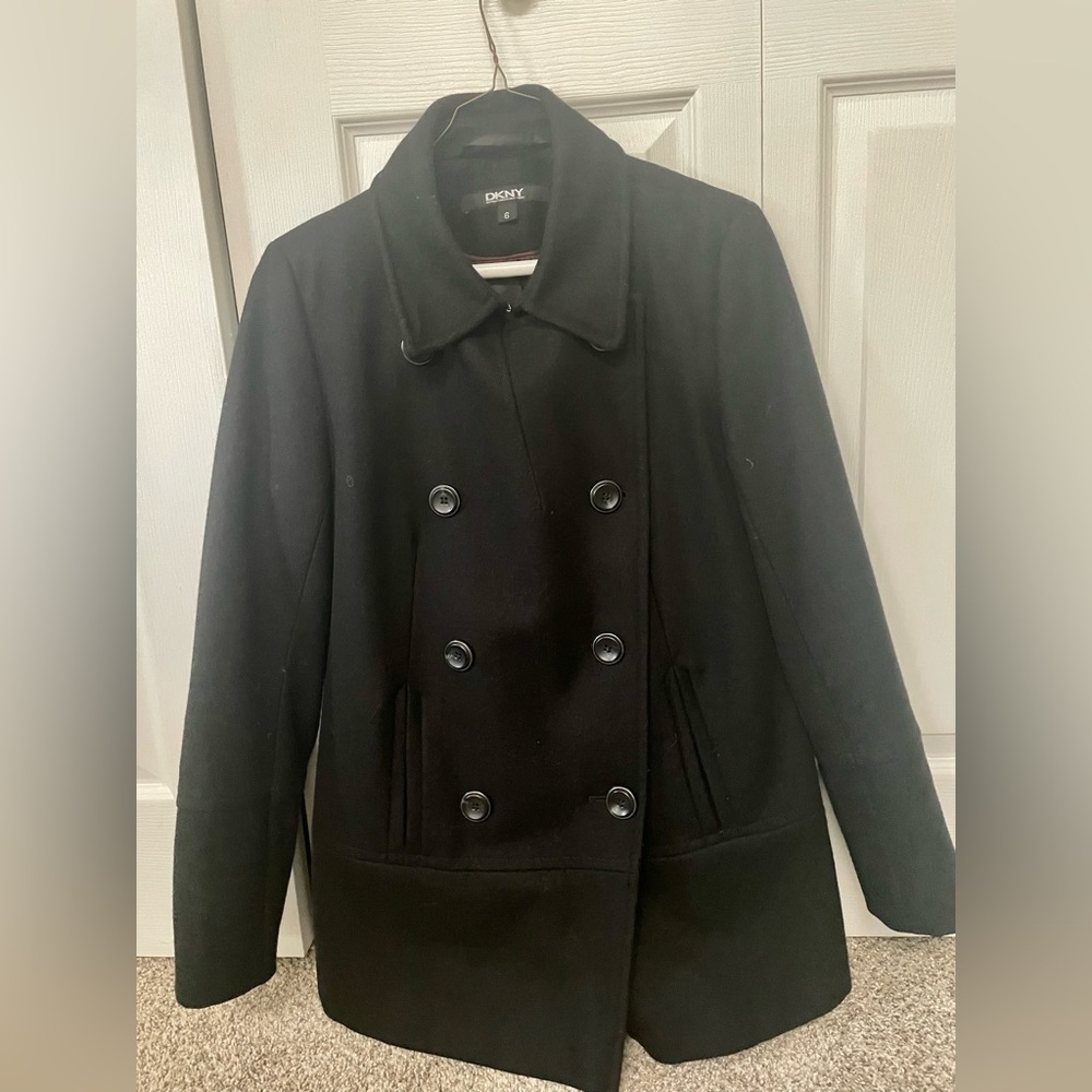 DKNY black double breasted short coat. Size 6